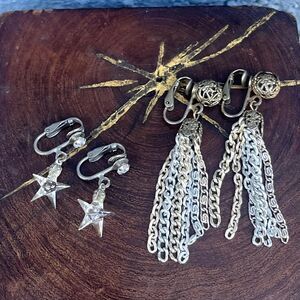 Vintage Clip On Earrings Set of 2 Dangle Chain and Star 80s Jewelry